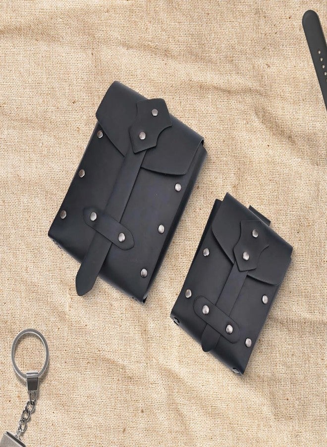 CALFOVERA 2PCS Medieval PU Leather Studded Belt Pouch Retro Renaissance Waist Bag Portable Viking Rivet Side Pack Adjustable Waist Pouch for Halloween Costume Cosplay LARP Events(Black) - Image 3